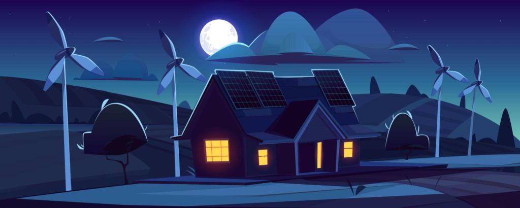A low carbon house with solar panels and wind turbines at night, supported by the E-Factor program for SMEs.