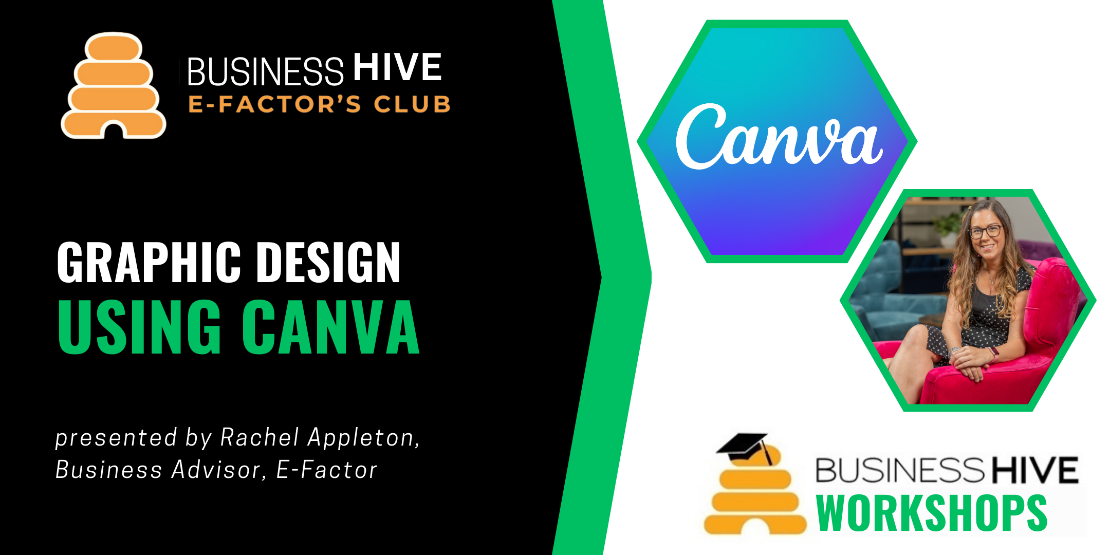Promotional graphic for a Canva introduction design workshop presented by Rachel Appleton, business advisor at E-Factor.