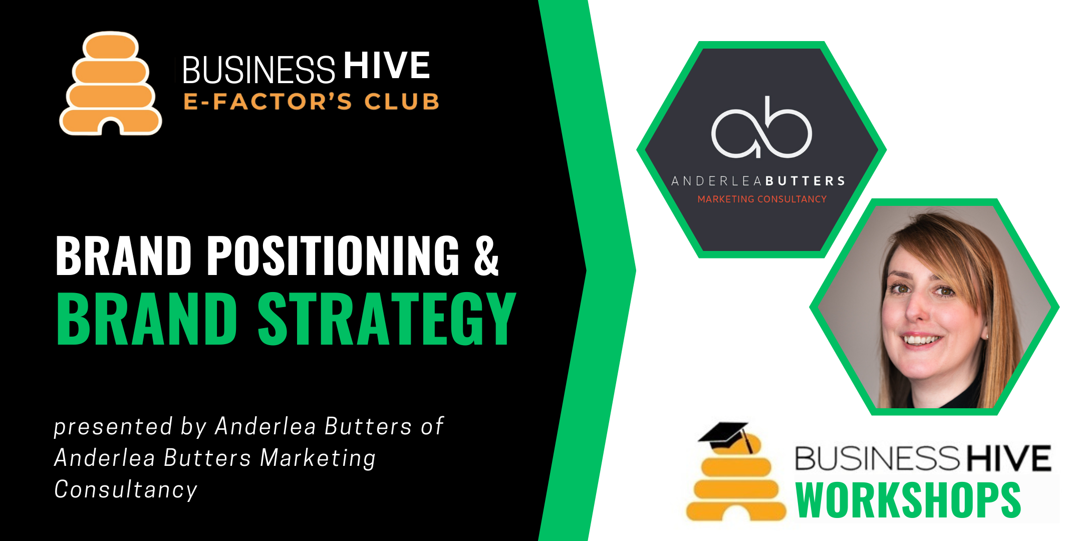 Promotional graphic for a Brand Strategy and Brand Positioning workshop by Anderlea Butters Marketing Consultancy, hosted by Business Hive E-Factor's Club.