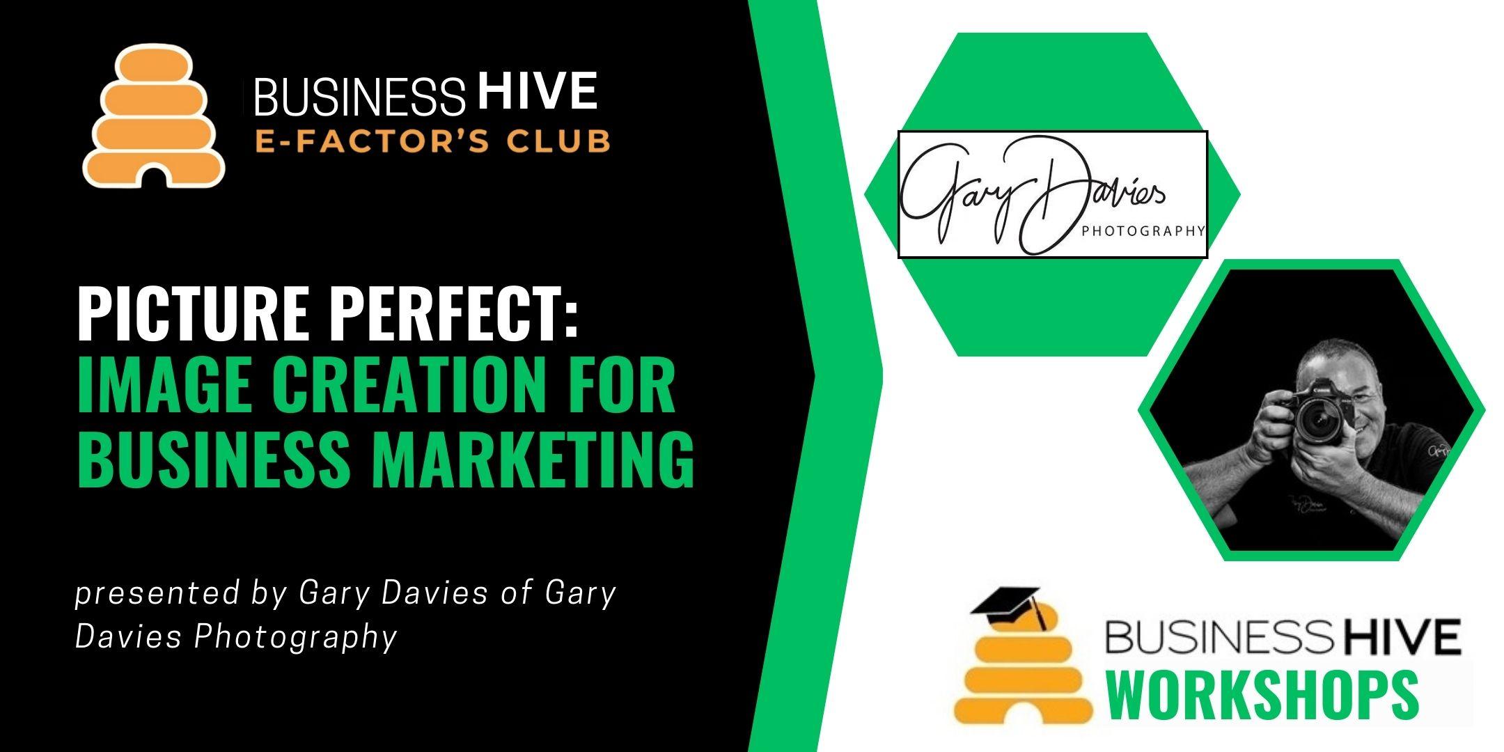 This is a promotional graphic for a workshop titled "Picture Perfect: Image Creation for Business Marketing," presented by Gary Davies of Gary Davies Photography, associated with the Business Hive E-Factor's Club.