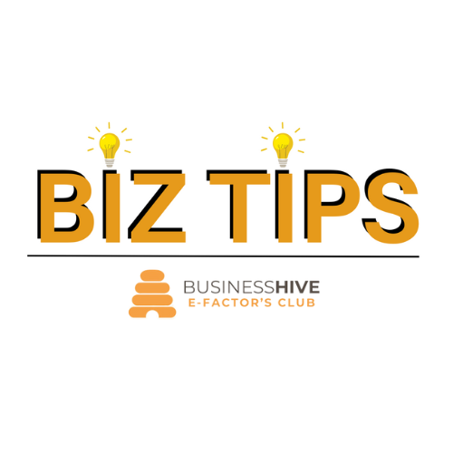 Logo for "Biz Tips" featuring lightbulb icons above the letters 'i' and stylized text, with "Austen Hempstead - E-factor's Club" written beneath.