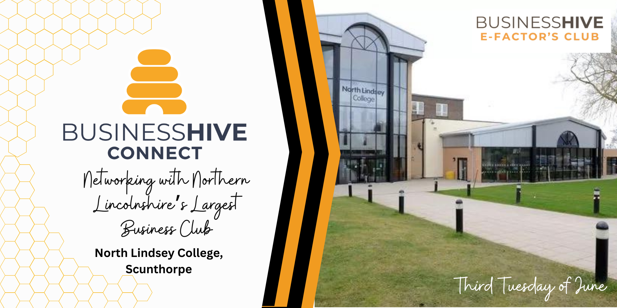 Promotional image for Business Hive Connect event at North Lindsey College, Scunthorpe, featuring the college building and event details.
