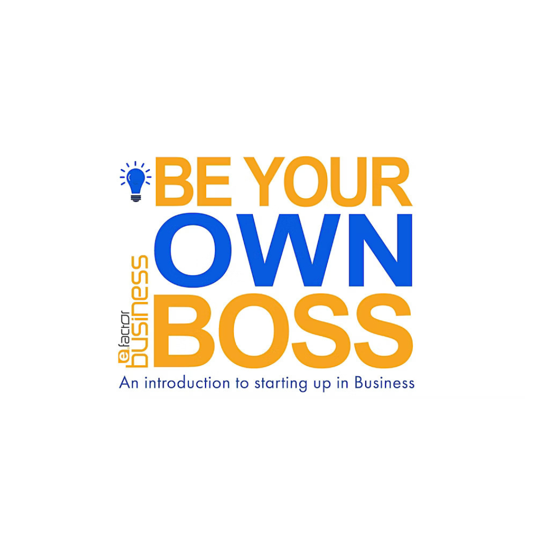 Graphic with text 'Be Your Own Boss Workshop' in blue and yellow, above a subtitle 'An introduction to starting up in business,' with a light bulb icon.