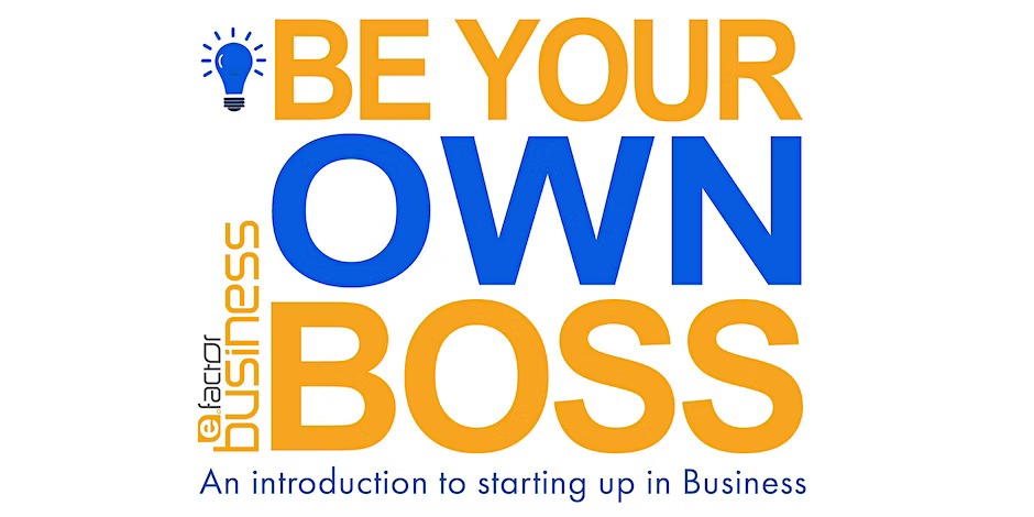 Text reads: "Be your own boss at the 2024 GBSB Festival Week." Below, there's smaller text: "An introduction to starting up in business." The word "business" appears vertically on the left with a lightbulb icon above it.