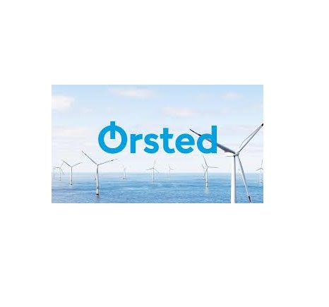 Wind turbines in the ocean with a clear sky background and the Ørsted logo displayed prominently, setting the stage for the 2024 GBSB Festival Week.