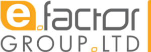 The logo of e-factor Group, LTD features a stylized "e" in an orange square and gray text, symbolizing their commitment to supporting local business growth.