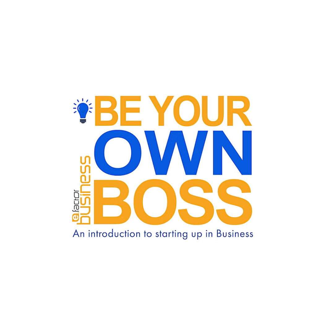 Minimalist graphic with the words "Be Your Own Boss Workshop" in large, bold text and "An introduction to starting up in Business" in smaller text below. A lightbulb icon is positioned next to the word "Be". Perfect for those interested in our November workshop on entrepreneurship training.