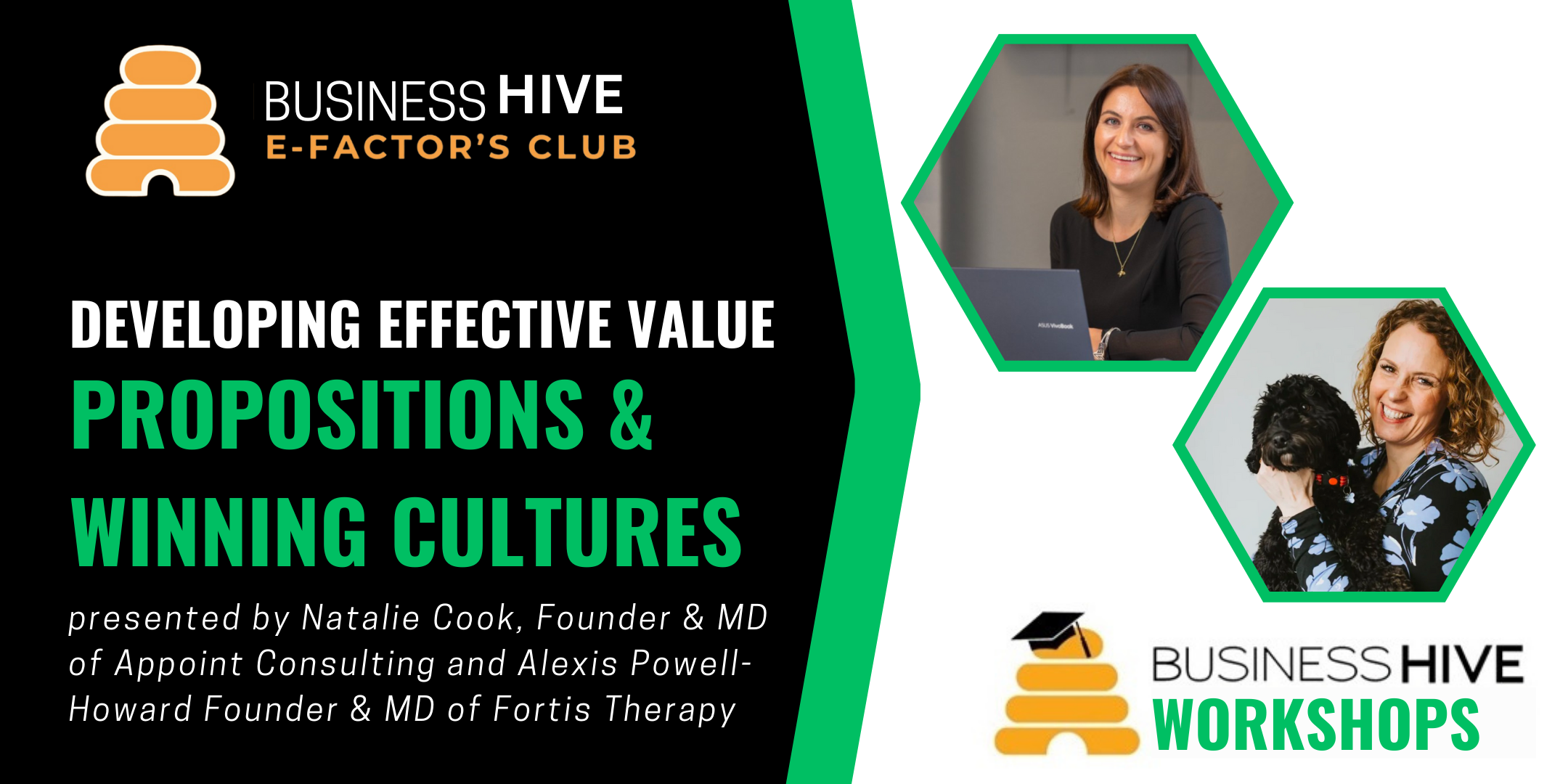 Event promotion banner for Business Hive Workshops featuring Natalie Cook and Alexis Powell-Howard, discussing developing effective value propositions and fostering winning cultures.