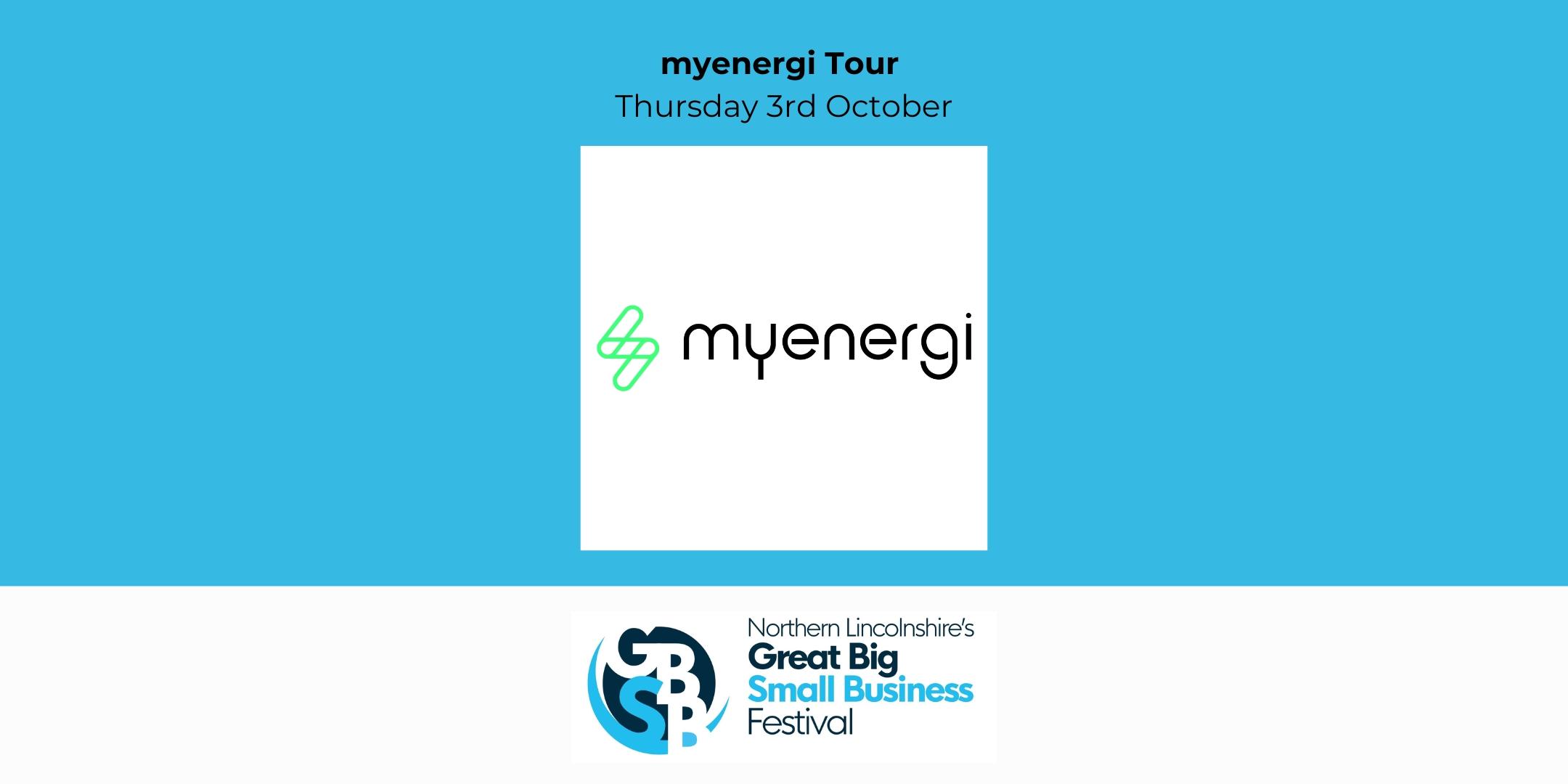 Join us for the myenergi Tour on Thursday, 3rd October. The event will showcase the myenergi logo alongside the GBSB Festival's emblem, all set against a vibrant blue background. Don't miss Northern Lincolnshire's Great Big Small Business Festival!