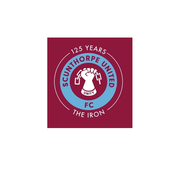 Scunthorpe United FC logo with a clenched fist holding rivets in the center, surrounded by "125 Years," "Unity," and "The Iron" on a maroon and light blue background, celebrating its history ahead of the 2024 GBSB Festival Week.