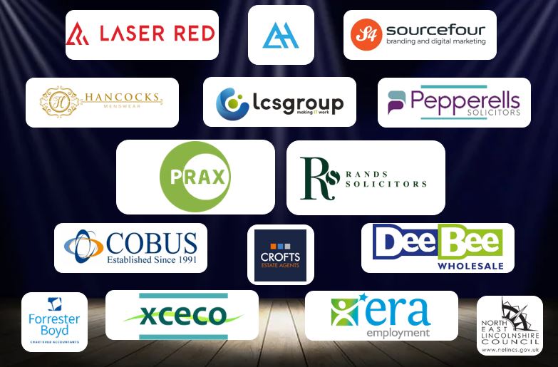 A grid of various company logos, showcased for the 2024 Great Big Small Awards, including Laser Red, Source Four, Hancocks, LCS Group, Pepperells Solicitors, PRAX, Rands Solicitors, Cobus, Crofts Estate Agents, Dee Bee Wholesale, Forrester Boyd, Xceco, Era Employment and North East Lincolnshire Council.