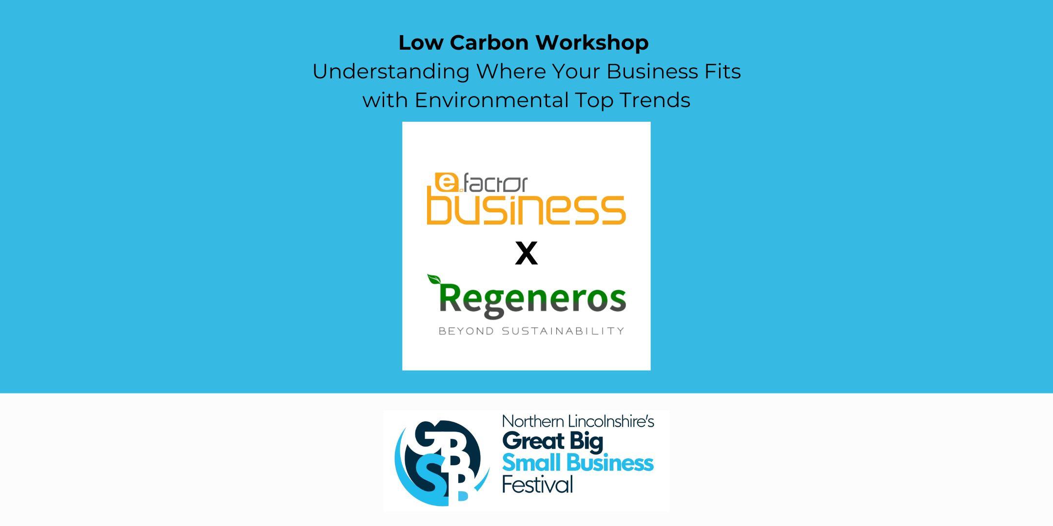 Flyer for the Low Carbon Workshop titled "Understanding Where Your Business Fits with Environmental Top Trends" presented by E-factor Business and Regeneros, featured in Northern Lincolnshire's Business Festival.