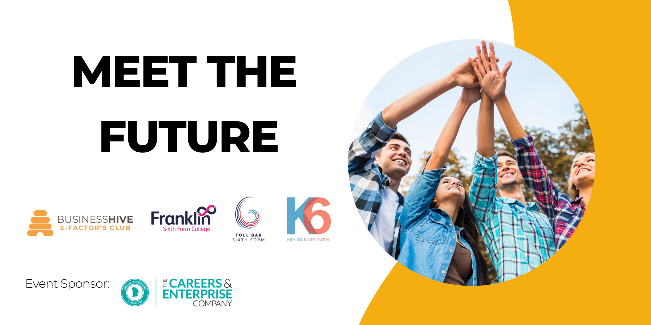 On the right, a group of four people is high-fiving, embodying the spirit of collaboration. To the left, logos and the bold text "Meet the Future 2025" invite you to envision what's ahead.