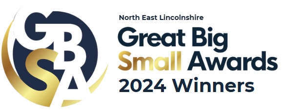 Logo for the North East Lincolnshire Great Big Small Awards 2024 Winners, featuring stylized initials GBSA and highlighting NEL GBSB.