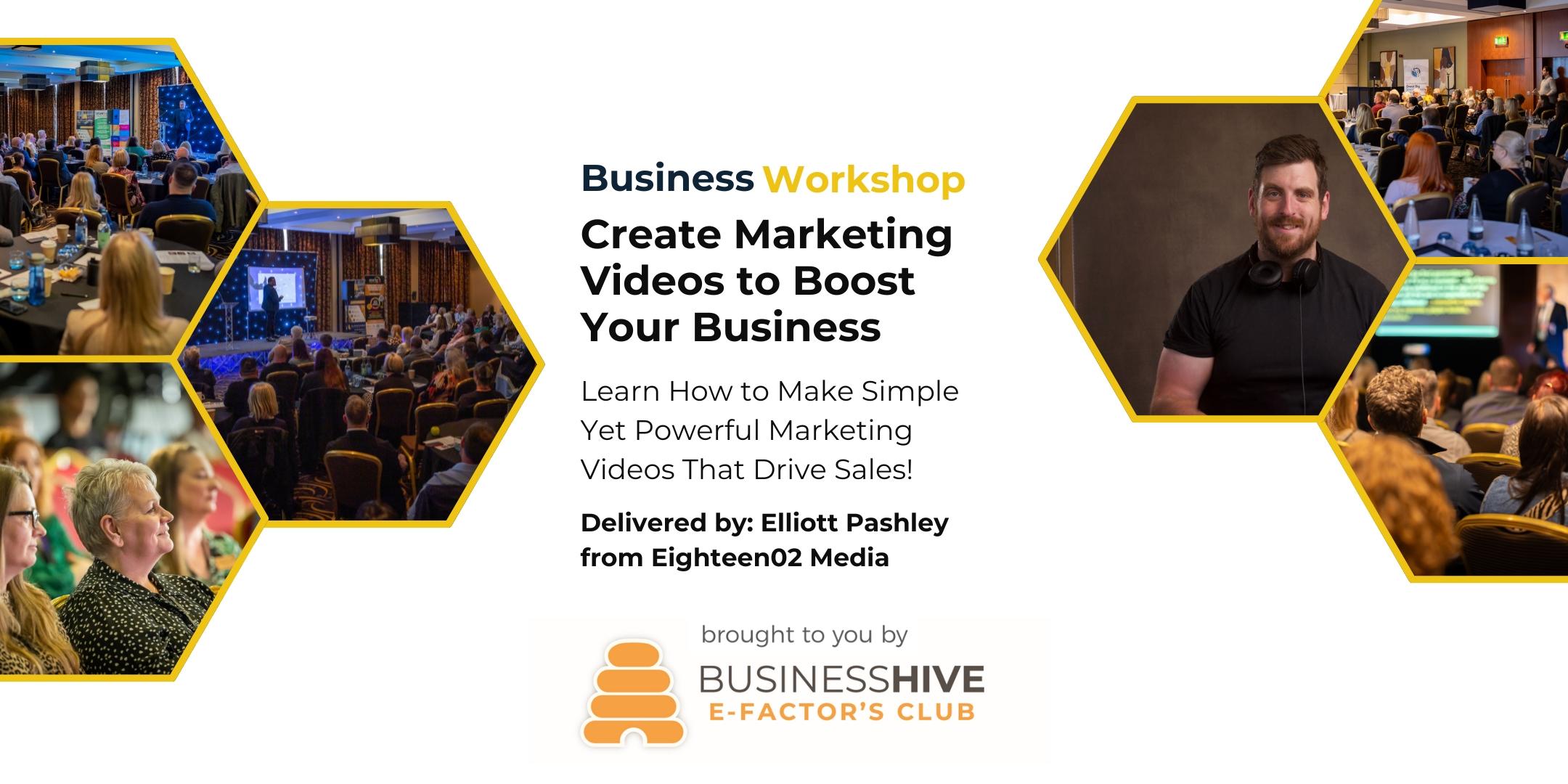 Join us for a dynamic business workshop with Elliott Pashley from Eighteen02 Media, focused on crafting impactful marketing videos to boost your business. Hosted by Business Hive, the event features engaging visuals of inspiring speakers and an eager audience.