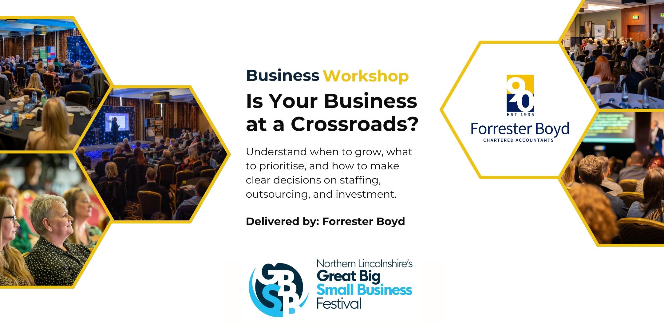 Promotional graphic for a business workshop by Forrester Boyd at Northern Lincolnshire’s Great Big Small Business Festival, exploring growth, staffing, and investment choices at today’s business crossroads.