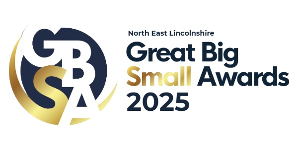 Logo for the North East Lincolnshire Great Big Small Awards 2025, featuring stylized gold and navy text and initials GBSA in a circular design to celebrate this year's awards.