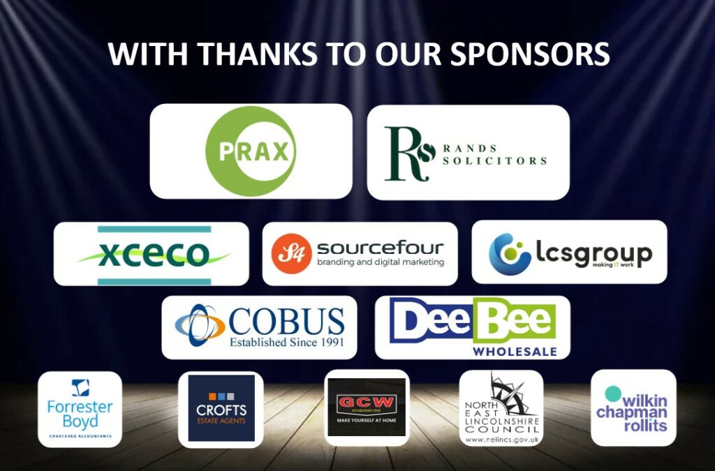 A thank you graphic displaying logos of various sponsors—including PRAX, RS Solicitors, and others—on a lit stage background for the 2025 Great Big Small Awards.
