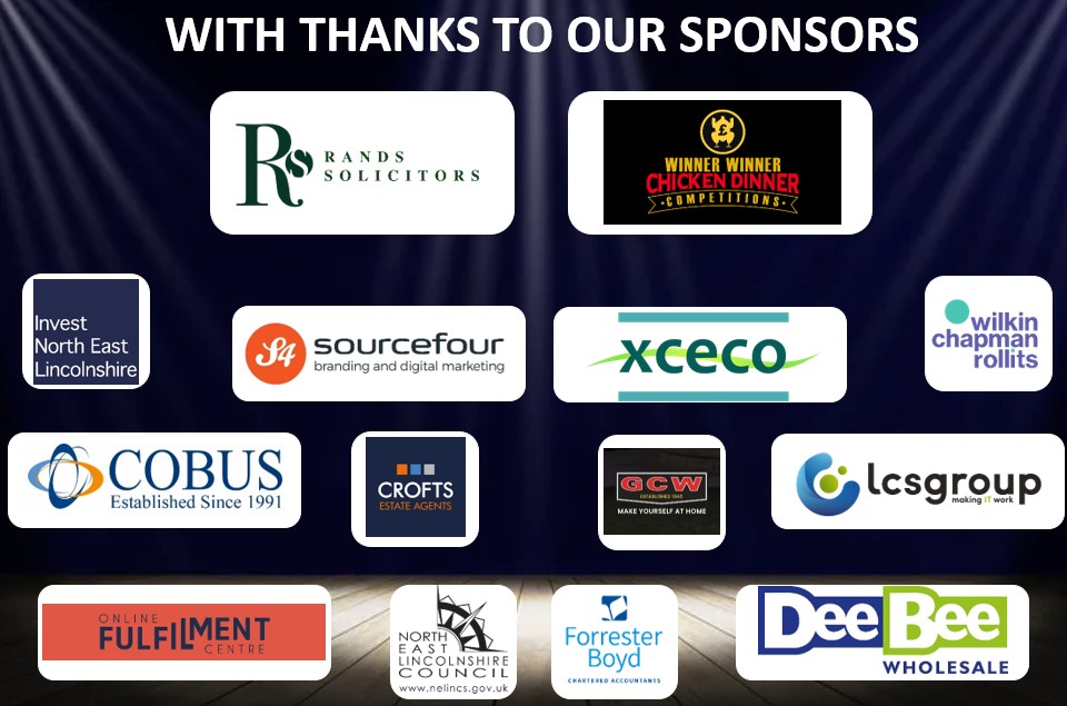 A collection of logos from various business sponsors displayed on a dark background with the heading "With Thanks to Our Sponsors" for the Great Big Small Awards 2025.