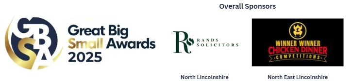Logo for the Great Big Small Awards 2025, featuring sponsor logos for Rands Solicitors (North Lincolnshire) and Chicken Dinner Competition (North East Lincolnshire), perfect for your Awards Entry Form.