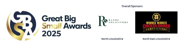 Logos and text for the Great Big Small Awards 2025, with sponsors Rands Solicitors and Winner Winner Chicken Dinner. Highlighting North Lincolnshire and North East Lincolnshire—book your seat now for these exciting awards!.