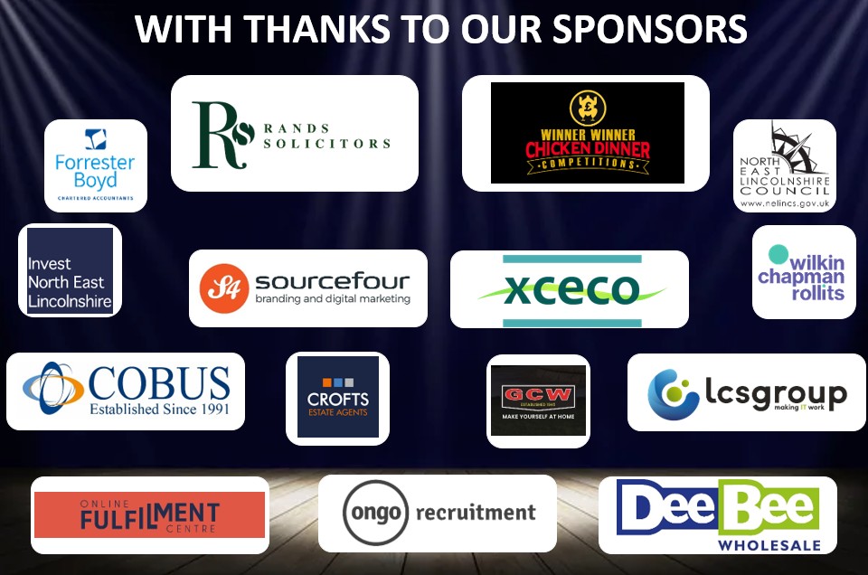 A graphic displays sponsor logos and names, including Rands Solicitors, Winner Winner Chicken Dinner, Forrester Boyd, North East Lincolnshire Council, and others, on a dark background for the Great Big Small Awards 2025.