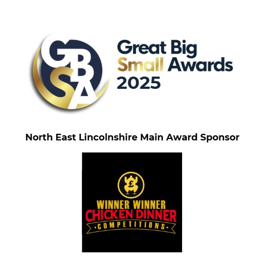 Great Big Small Awards 2025 logo, GBSB Festival Week text, North East Lincolnshire Main Award Sponsor mention, and Winner Winner Chicken Dinner Competitions logo. Perfect for the 2025 festival celebration!.