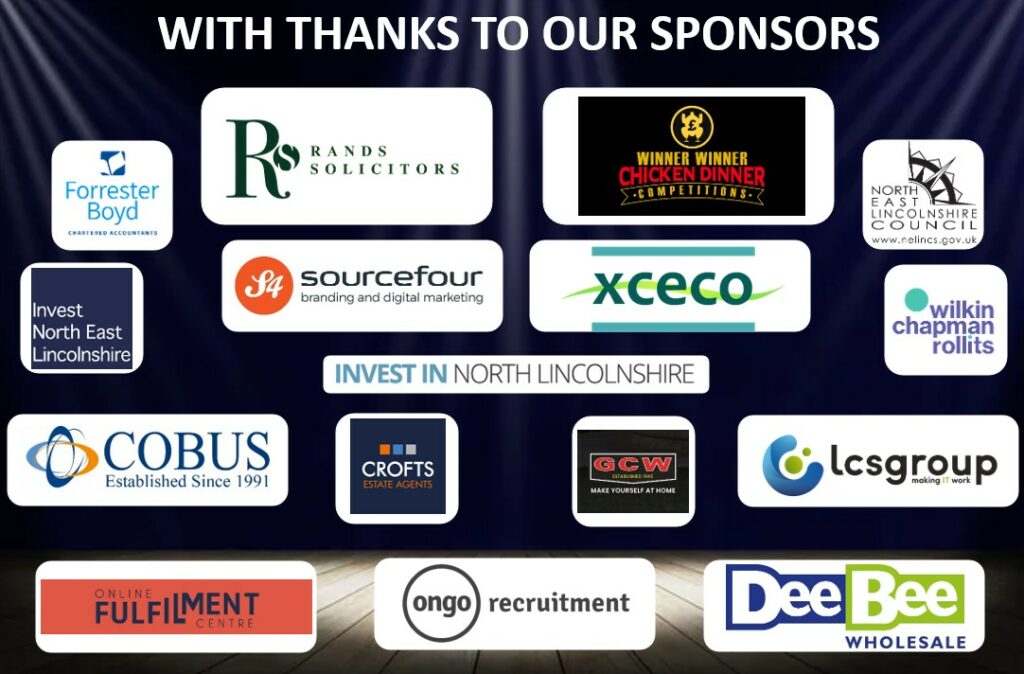 A collection of business logos displayed on a dark background with the heading "With thanks to our sponsors," "Invest in North Lincolnshire" in the center, celebrating the 2025 awards and the Great Big Small Awards.