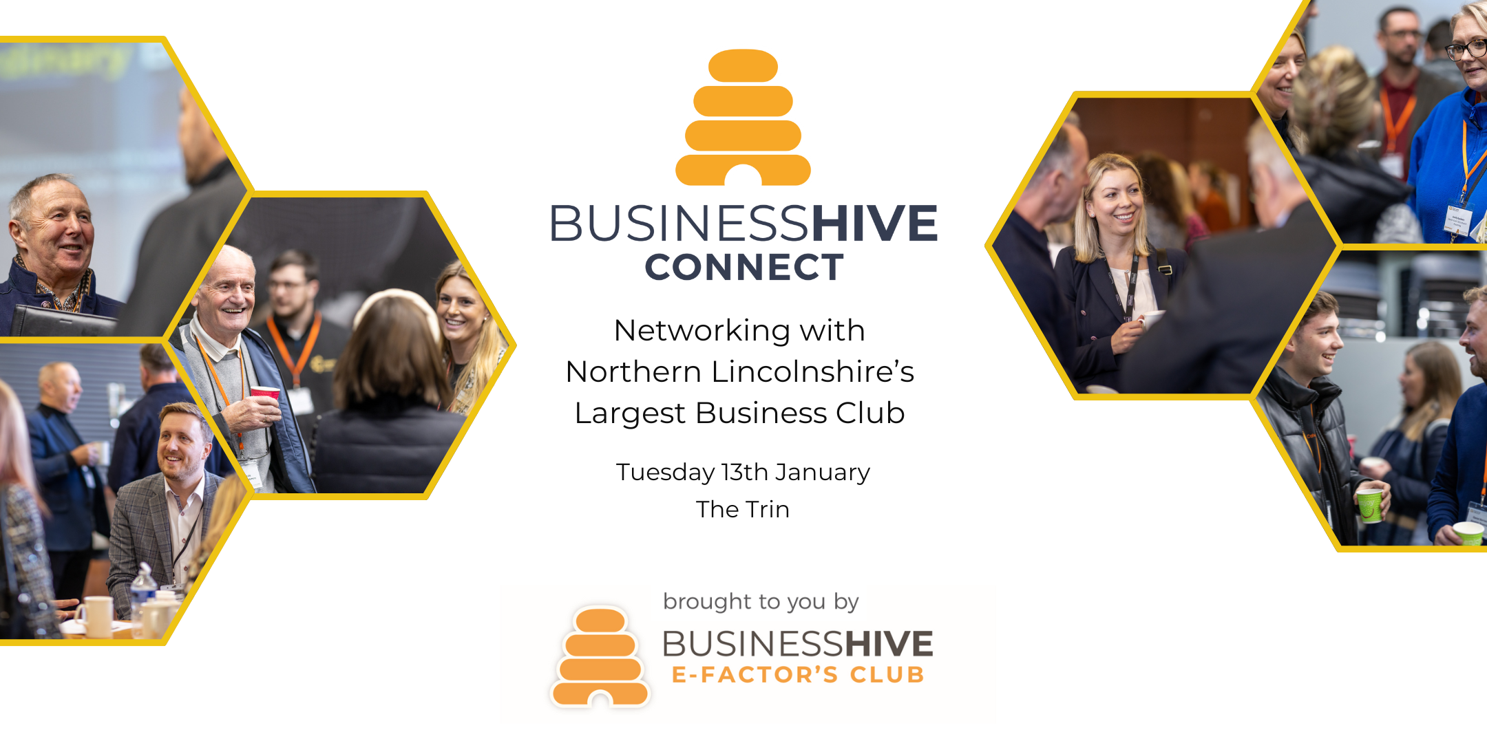 Business networking event collage with people talking, smiling, and drinking coffee, promoting Hive Connect at The Trin in Northern Lincolnshire on Tuesday 13th January. Join us for an inspiring networking event with fellow professionals.