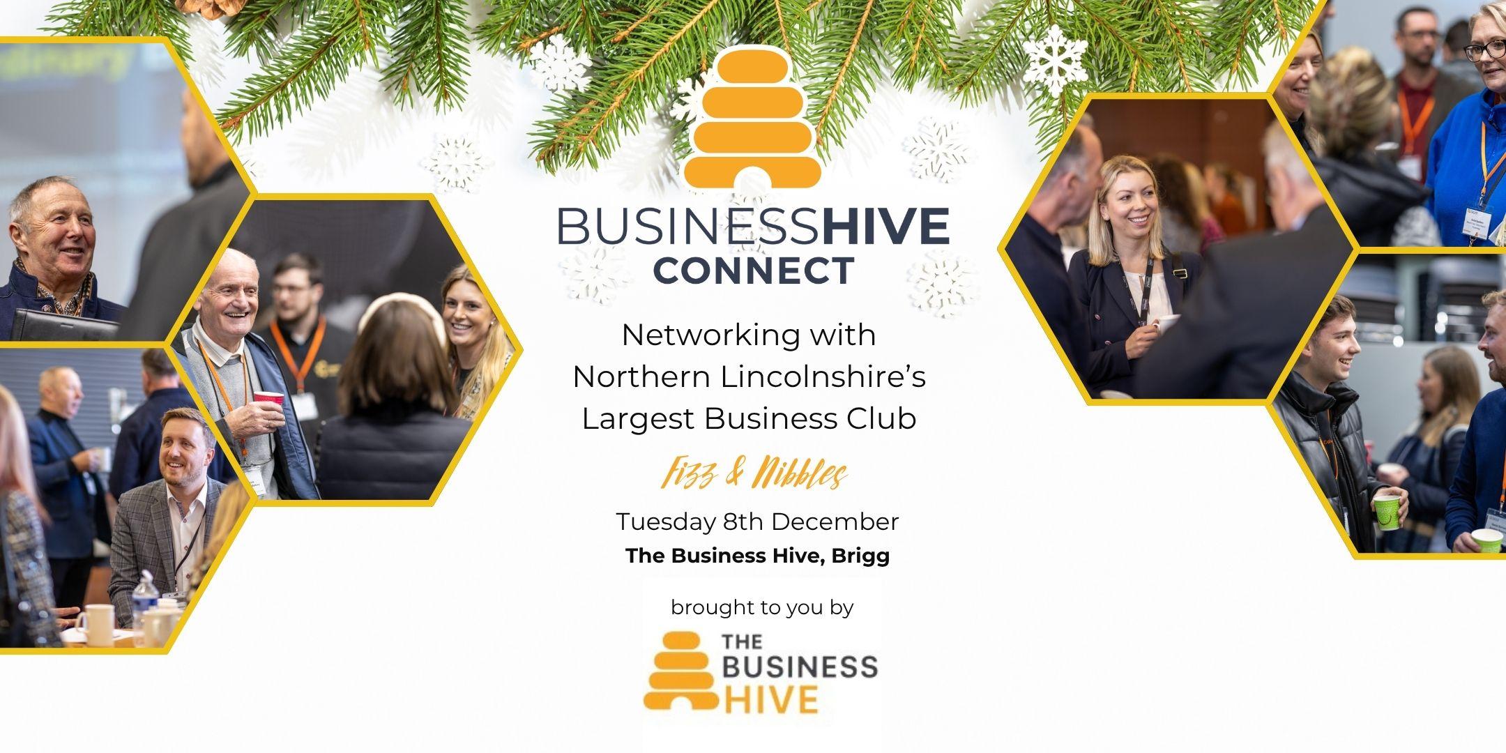 Business networking event promotional banner with hexagonal photos of people mingling, "Business Hive Connect" details, and event info for December 8th at The Business Hive, Brigg. Fizz & Nibbles included—Members Only Event.