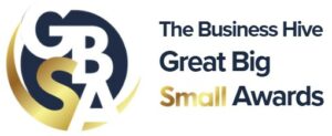 The Business Hive Great Big Small Awards logo features stylised gold and navy initials "GBSA" with accompanying text—book your seat now to celebrate excellence at this year's awards.